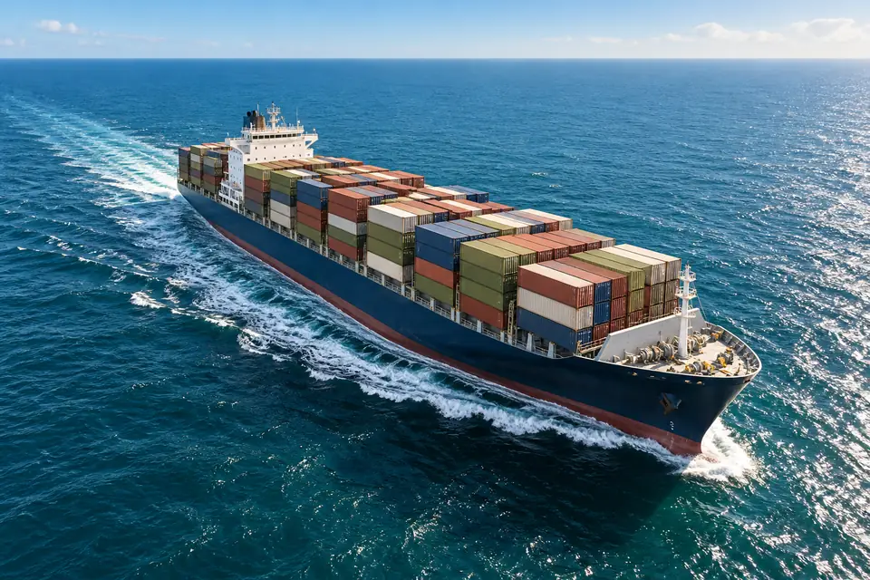 A clean container ship crossing the open ocean in bright daylight.
