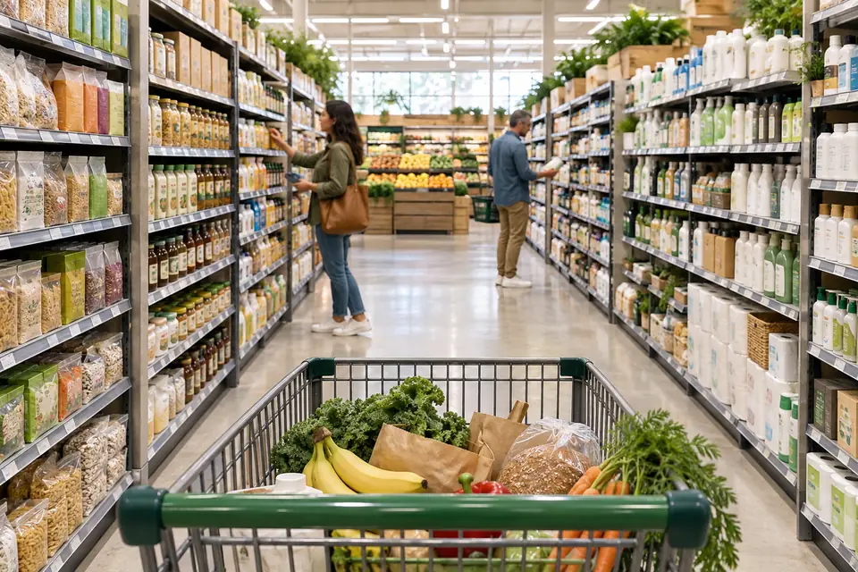 A shopping cart in a bright U.S. supermarket aisle with customers browsing.